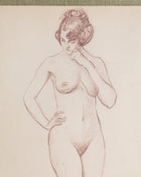Art Deco Standing Woman Pencil Sketch with Pistachio Mat, France, 1930s - Lone Fox