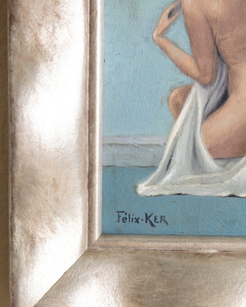 Art Deco Woman on Blue Oil Painting by Félix Ker, France, 1930's - Lone Fox