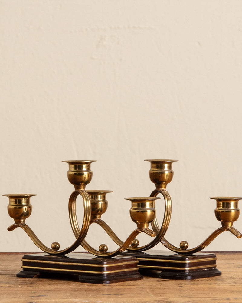 Art Deco Wood & Brass Candleholders, France, 1920's (Set of 2) - Lone Fox
