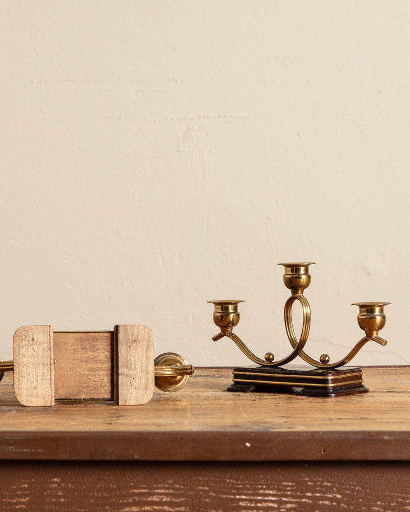 Art Deco Wood & Brass Candleholders, France, 1920's (Set of 2) - Lone Fox
