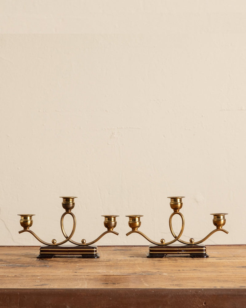 Art Deco Wood & Brass Candleholders, France, 1920's (Set of 2) - Lone Fox