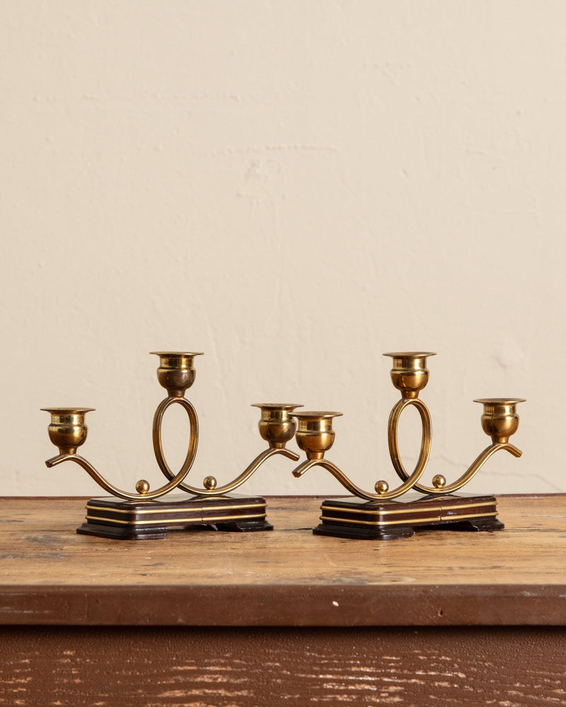 Art Deco Wood & Brass Candleholders, France, 1920's (Set of 2) - Lone Fox