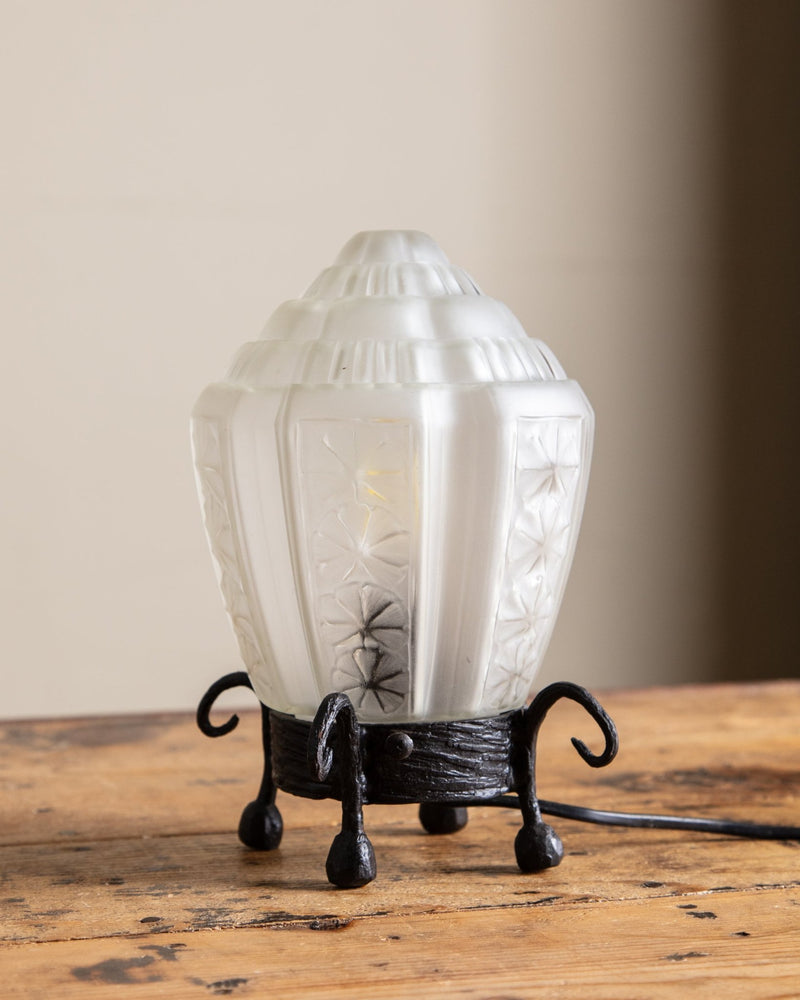 Art Deco Wrought Iron & Glass Table Lamp, Signed, France, 1930's - Lone Fox
