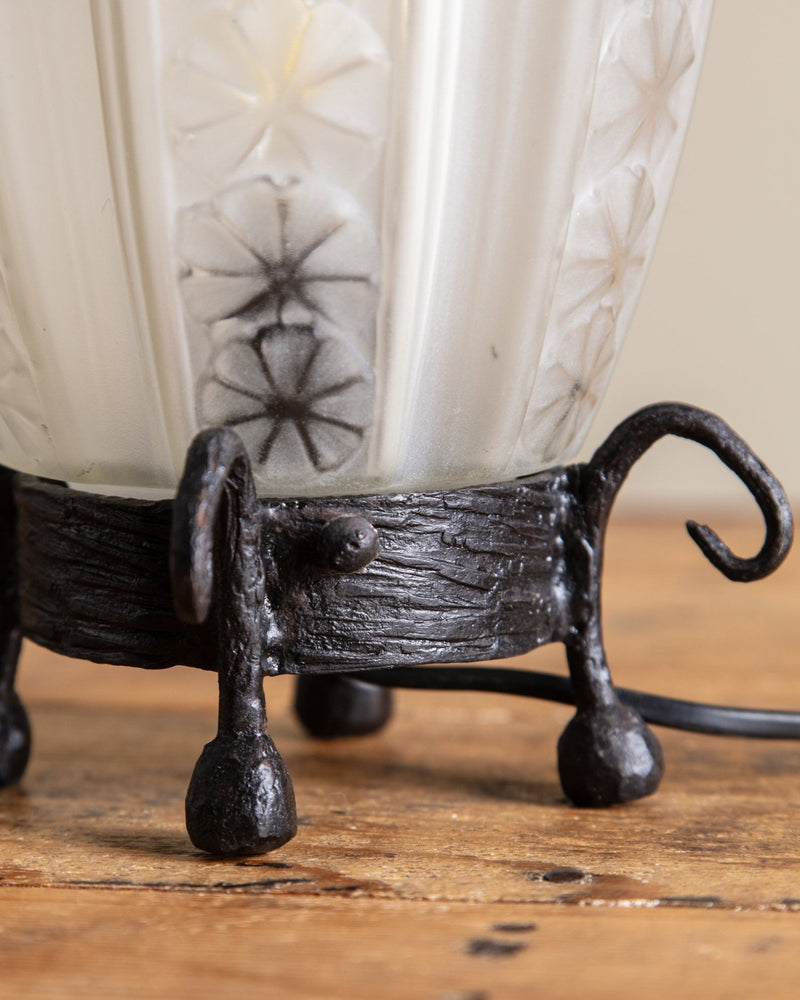 Art Deco Wrought Iron & Glass Table Lamp, Signed, France, 1930's - Lone Fox