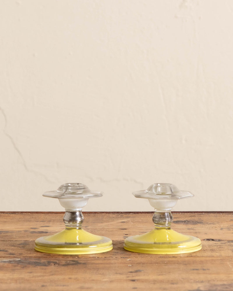 Art Deco Yellow Glass Candle Stick Holders (Set of 2) - Lone Fox