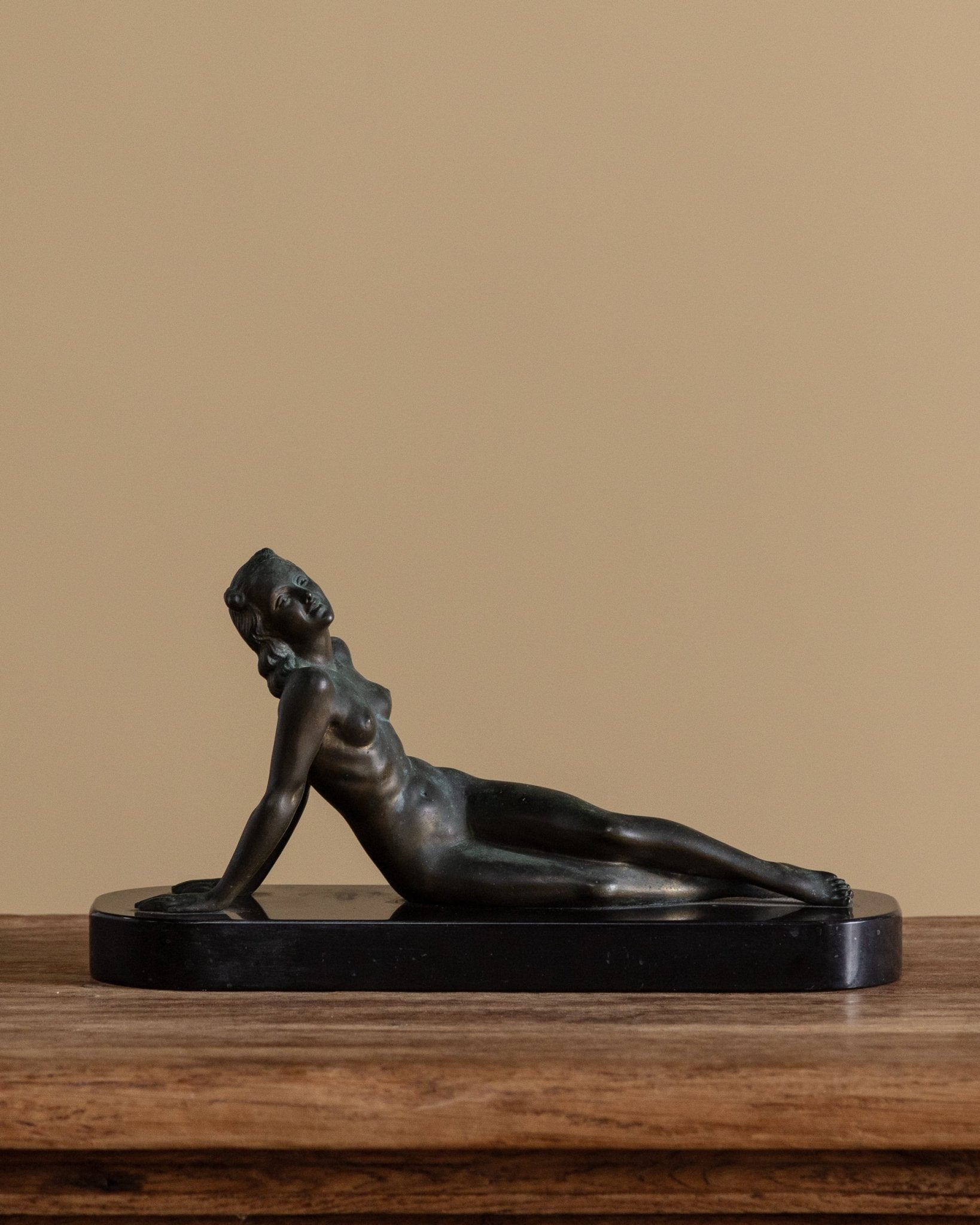 Art Nouveau Bronze Reclining Woman Statue on Marble Base, 1920's - Lone Fox
