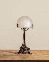Art Nouveau Iron Roses Table Lamp w/ Chiseled Glass Shade, France, 1920's - Lone Fox