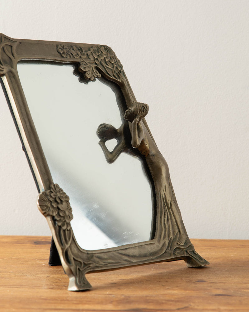 Art Nouveau Solid Brass Mirror with Woman Figurine - Lone Fox