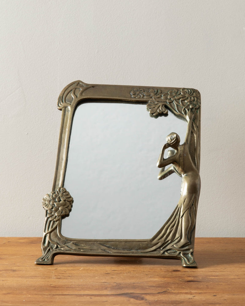 Art Nouveau Solid Brass Mirror with Woman Figurine - Lone Fox