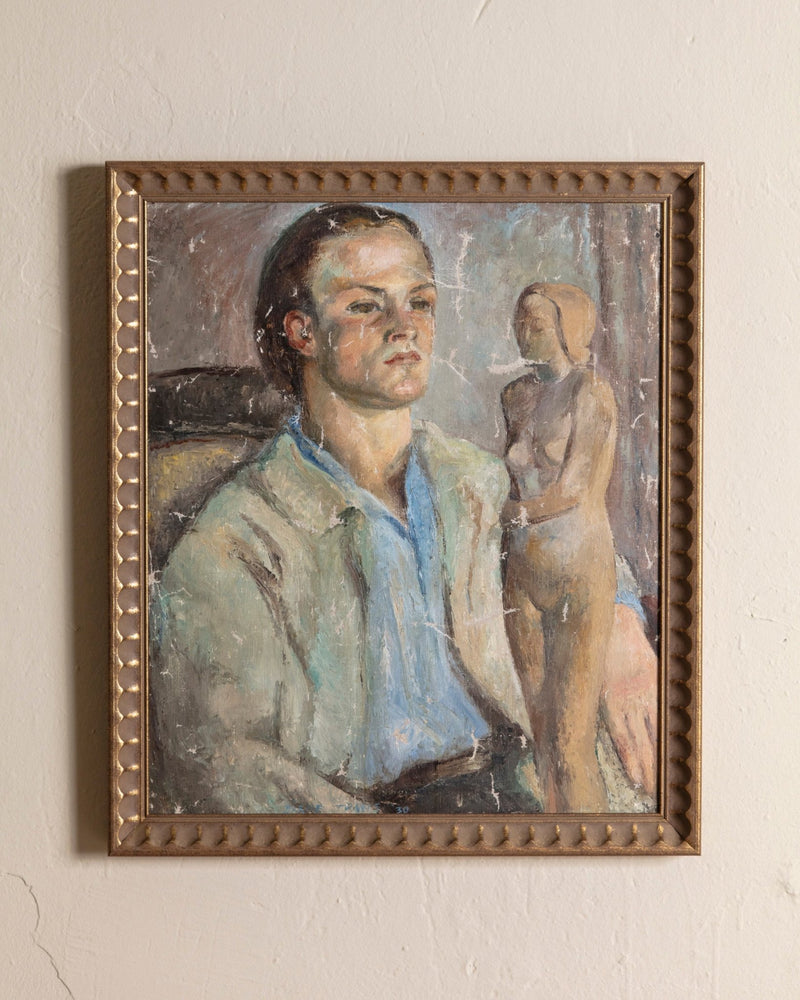 Artist w/ his Sculpture Portrait Painting in Scalloped Gilt Frame, France, 1930's - Lone Fox