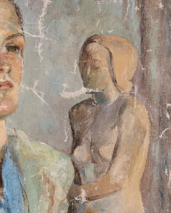 Artist w/ his Sculpture Portrait Painting in Scalloped Gilt Frame, France, 1930's - Lone Fox