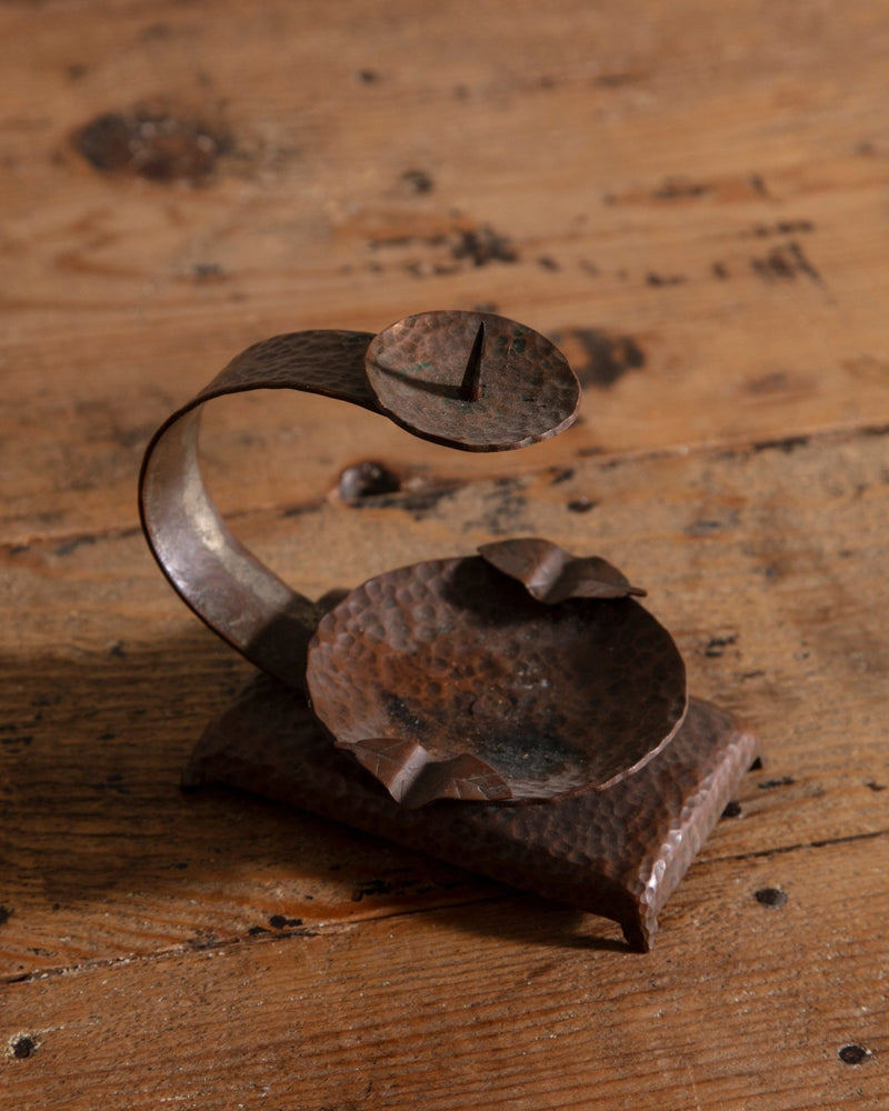 Arts & Crafts Hammered Copper Taper Holder w/ Ashtray, 1940's - Lone Fox