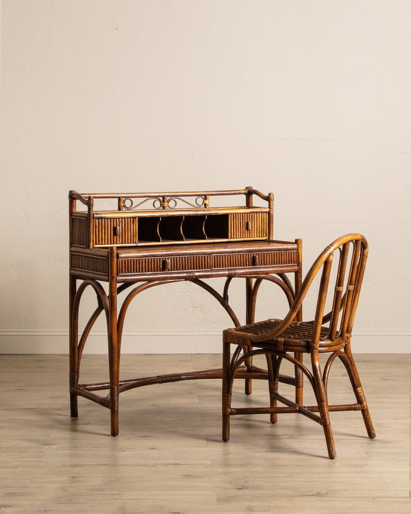 Bamboo & Rattan Desk & Chair Set, 1970's - Lone Fox