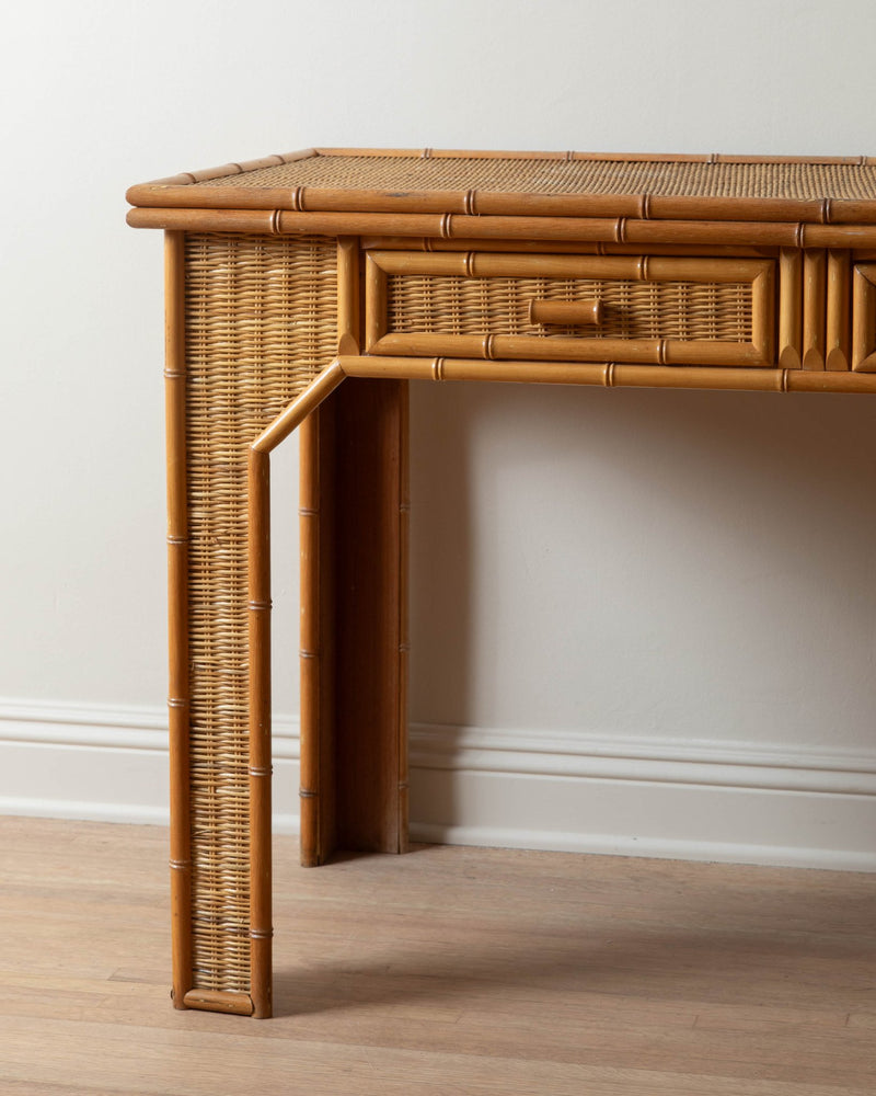 Bamboo & Woven Rattan Desk w/ 2 Drawers - Lone Fox