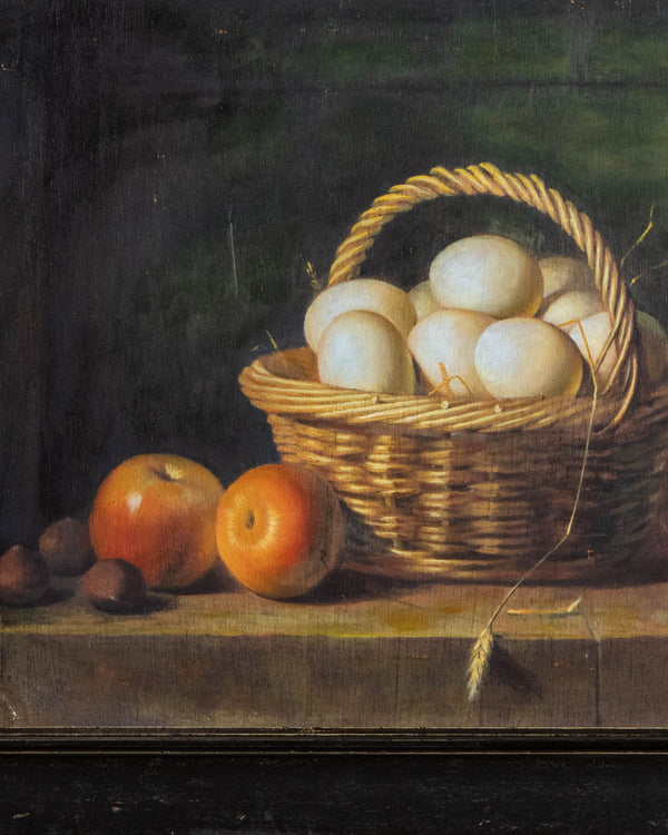 Basket of Eggs & Apples Still Life Oil Painting - Lone Fox