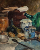 Belgian Still Life w/ Glass Bottle Oil Painting by Yolande Ide, 1950's - Lone Fox