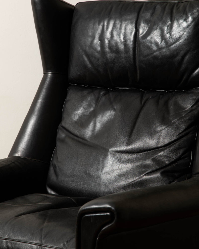 Black Leather Wingback Armchair - Lone Fox