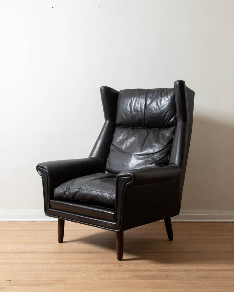 Black Leather Wingback Armchair - Lone Fox