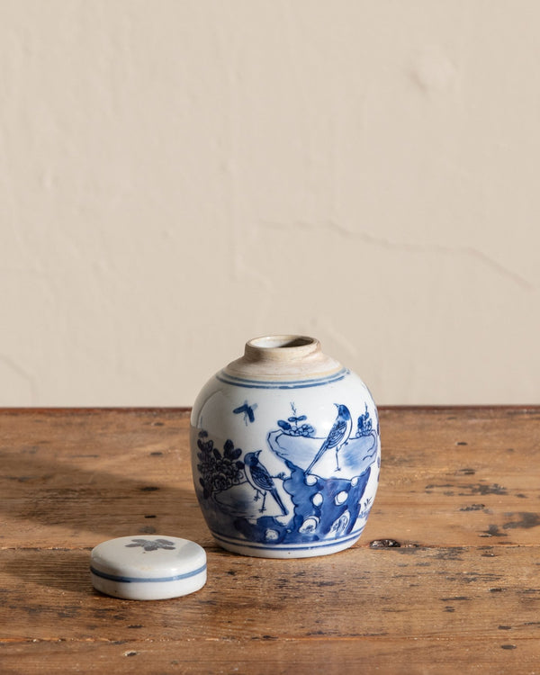Blue and White Porcelain Bird Round Jar - Lone Fox