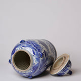 Blue and White Porcelain Fish and Lotus Temple Jar - Lone Fox
