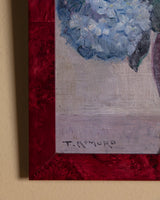 Blue Hydrangeas Still Life in Burgundy Burl Frame, Europe, Mid 20th Century - Lone Fox