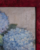 Blue Hydrangeas Still Life in Burgundy Burl Frame, Europe, Mid 20th Century - Lone Fox