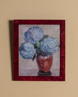 Blue Hydrangeas Still Life in Burgundy Burl Frame, Europe, Mid 20th Century - Lone Fox