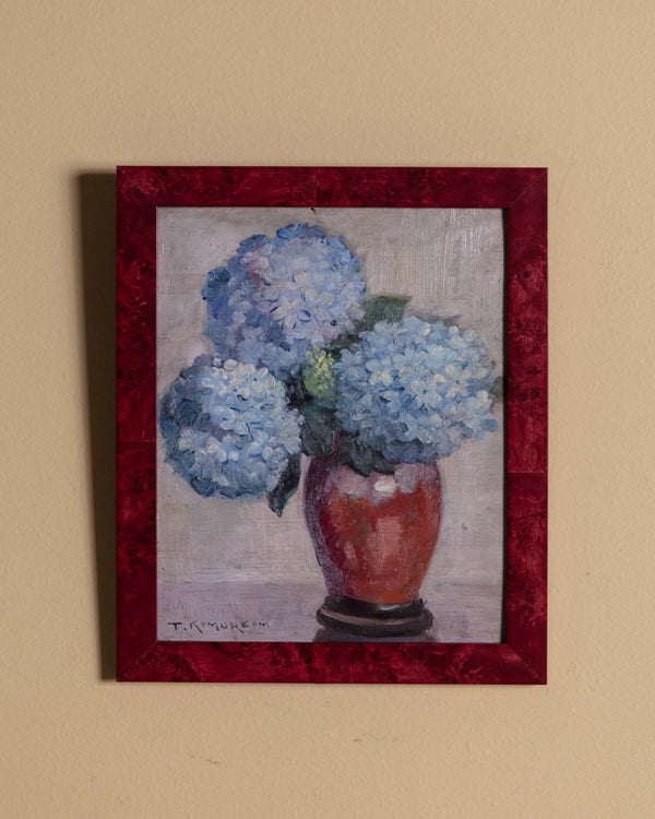 Blue Hydrangeas Still Life in Burgundy Burl Frame, Europe, Mid