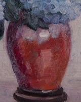 Blue Hydrangeas Still Life in Burgundy Burl Frame, Europe, Mid 20th Century - Lone Fox