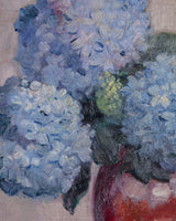 Blue Hydrangeas Still Life in Burgundy Burl Frame, Europe, Mid 20th Century - Lone Fox