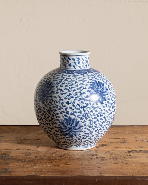 Blue & White Porcelain Scrolling Lotus Globe Vase - Lone Fox
