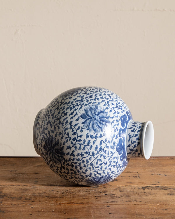 Blue & White Porcelain Scrolling Lotus Globe Vase - Lone Fox