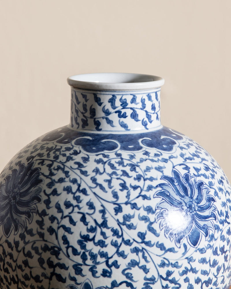 Blue & White Porcelain Scrolling Lotus Globe Vase - Lone Fox