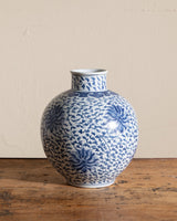 Blue & White Porcelain Scrolling Lotus Globe Vase - Lone Fox
