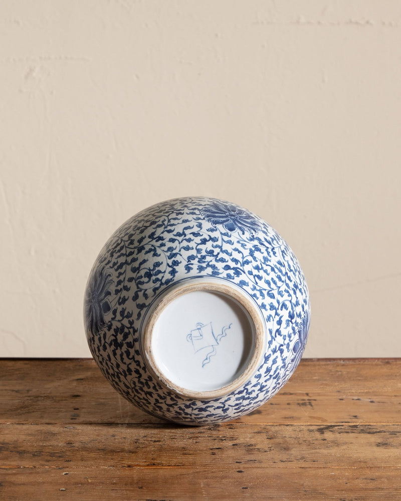 Blue & White Porcelain Scrolling Lotus Globe Vase - Lone Fox