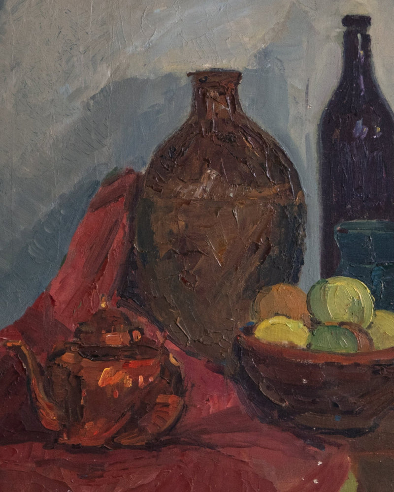 Bottles & Fruit Still Life Oil Painting by Vlad Nielsen, Denmark, 1969 - Lone Fox