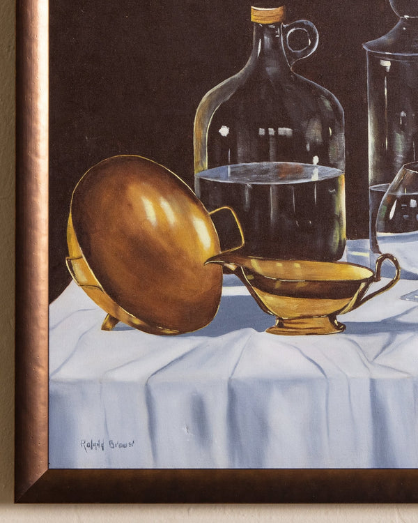 Brass & Glass Still Life Oil Painting in Copper Toned Frame by Roland Brower, 1970's - Lone Fox