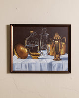 Brass & Glass Still Life Oil Painting in Copper Toned Frame by Roland Brower, 1970's - Lone Fox