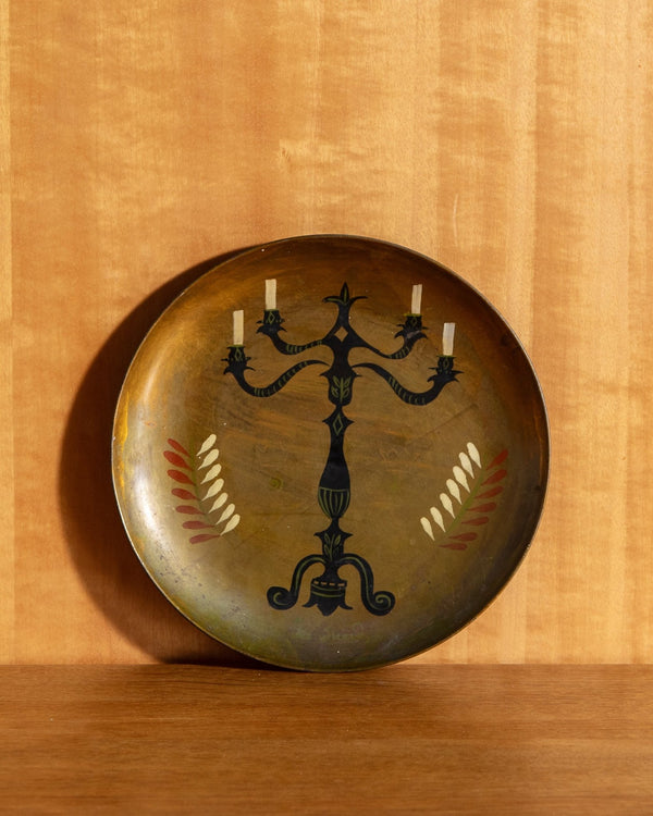 Brass Hand Painted Candelabra Plate, Signed - Lone Fox