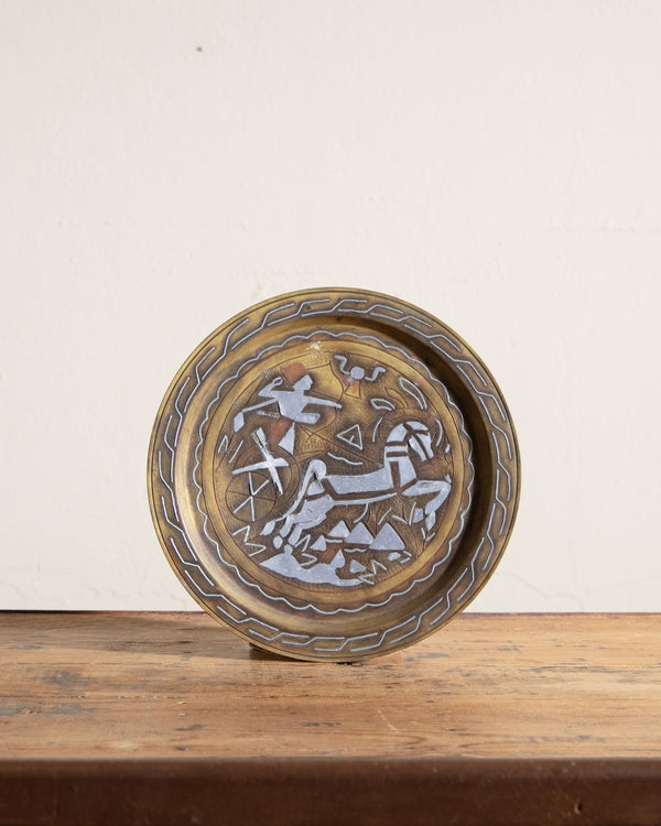 Brass Horse Plate w/ Silver and Copper Inlay, Egypt, 1960's - Lone Fox
