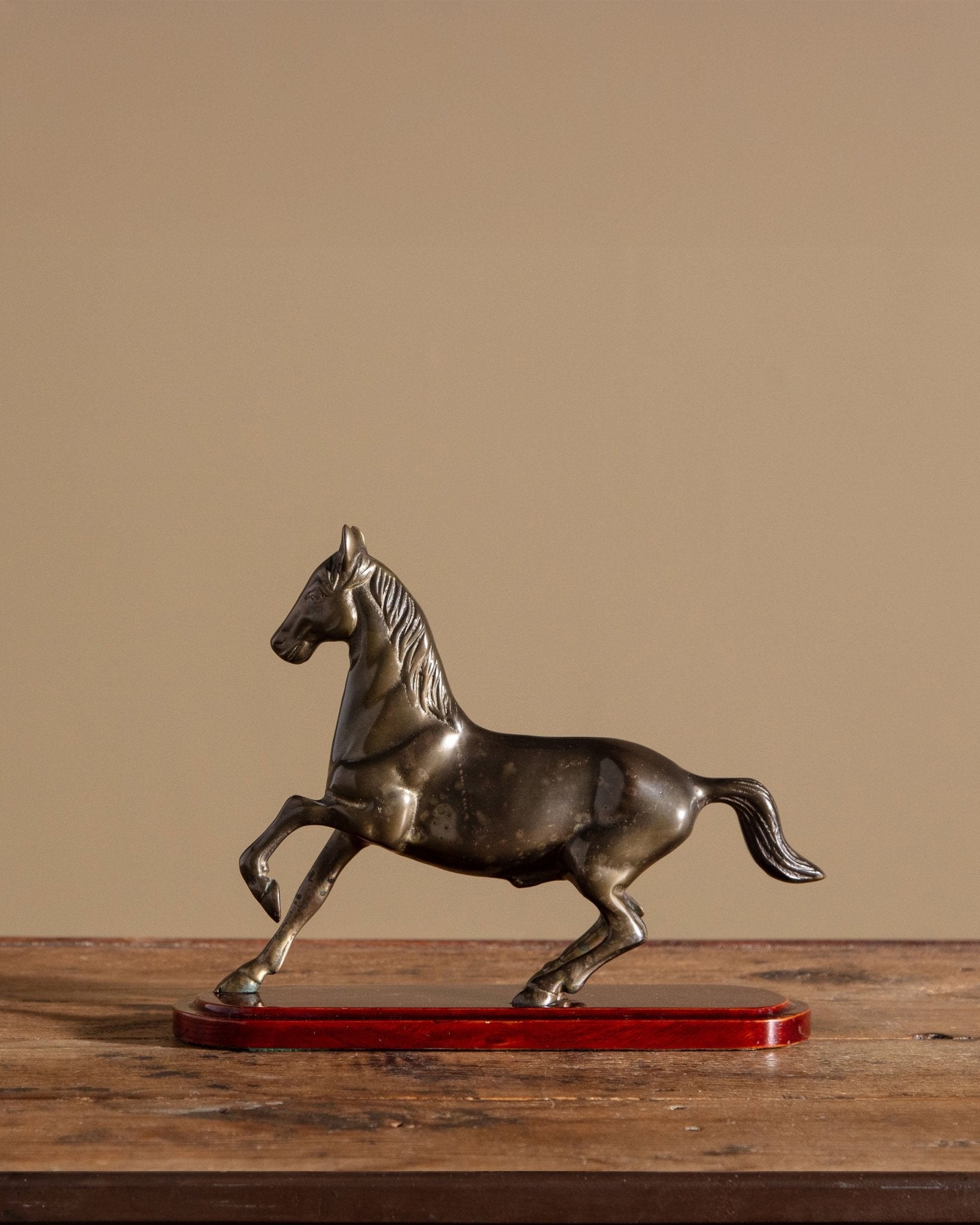 Brass Horse Statue on Wooden Base, 1970's - Lone Fox
