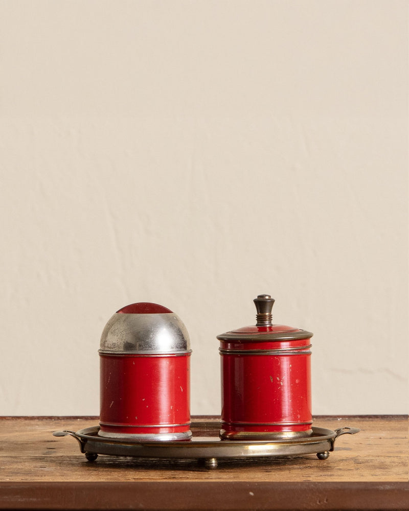 Brass & Red Lacquered Tray w/ Canisters Set - Lone Fox