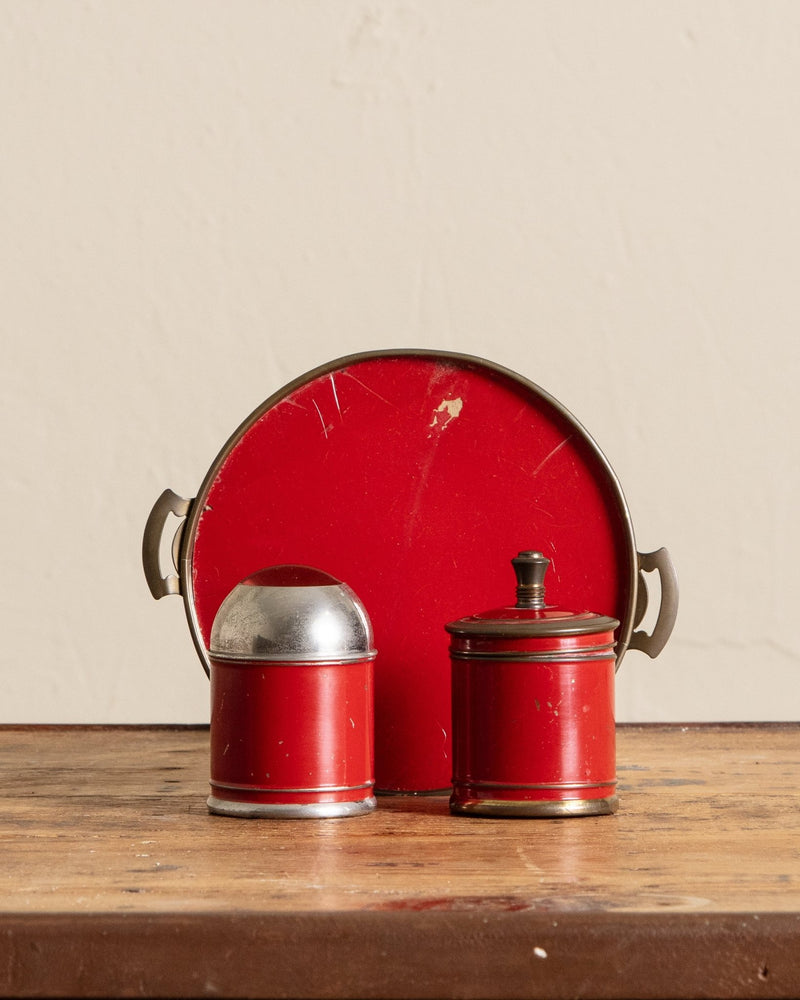 Brass & Red Lacquered Tray w/ Canisters Set - Lone Fox