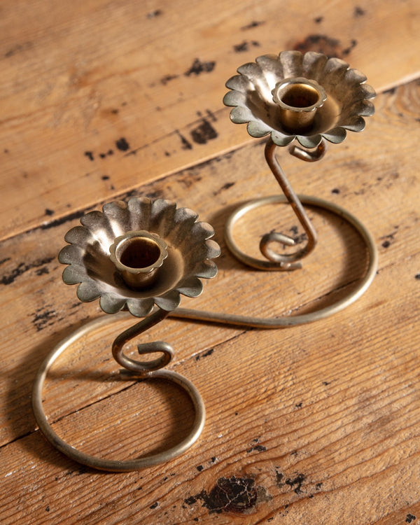 Brass Swirl Double Floral Taper Holder - Lone Fox