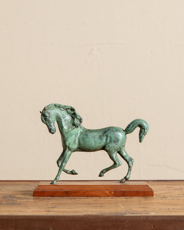 Bronze Horse Statue on Wood Base - Lone Fox