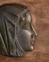 Bronze Madonna Plaque on Russet Linen in Brass Style Frame, 1950's - Lone Fox