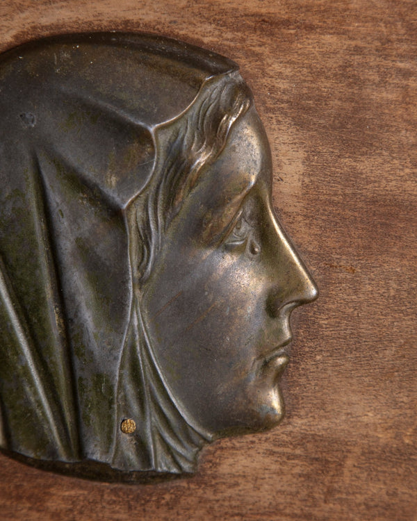 Bronze Madonna Plaque on Russet Linen in Brass Style Frame, 1950's - Lone Fox