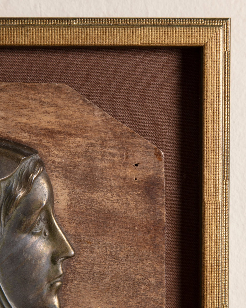 Bronze Madonna Plaque on Russet Linen in Brass Style Frame, 1950's - Lone Fox