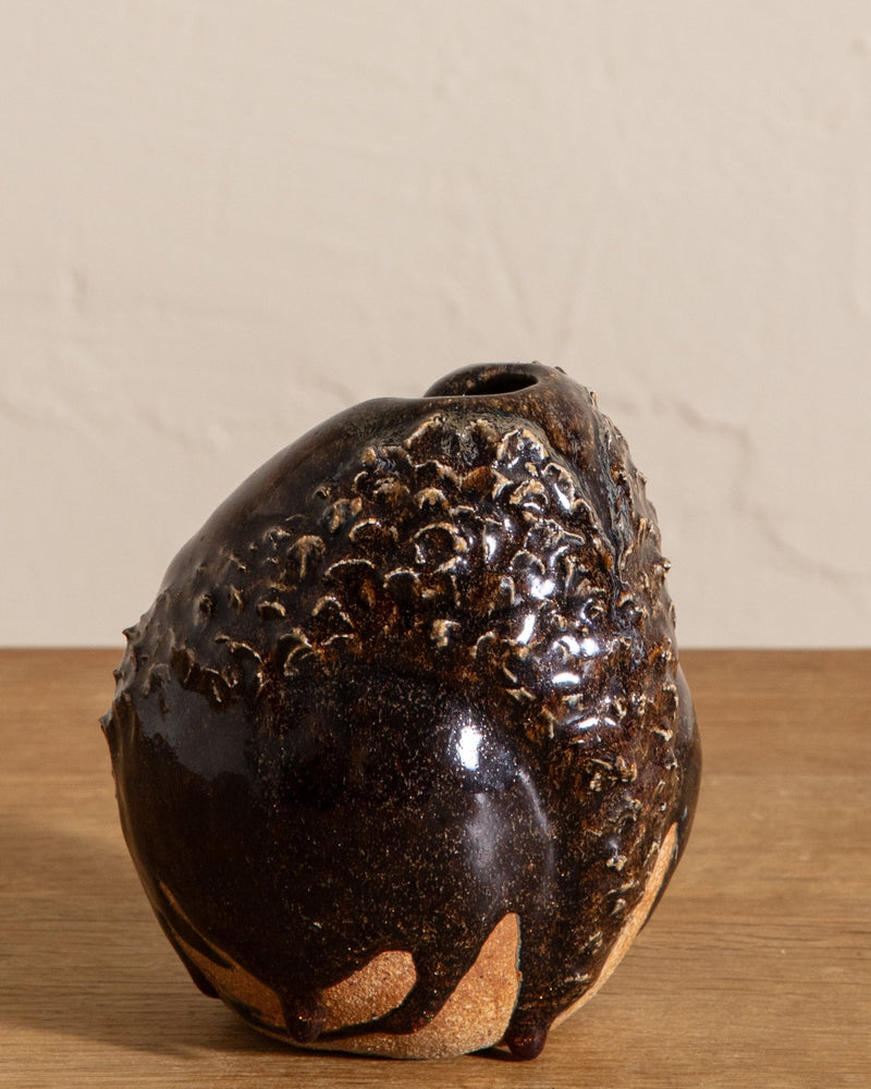 Brown Textured Studio Pottery Vase, Signed - Lone Fox