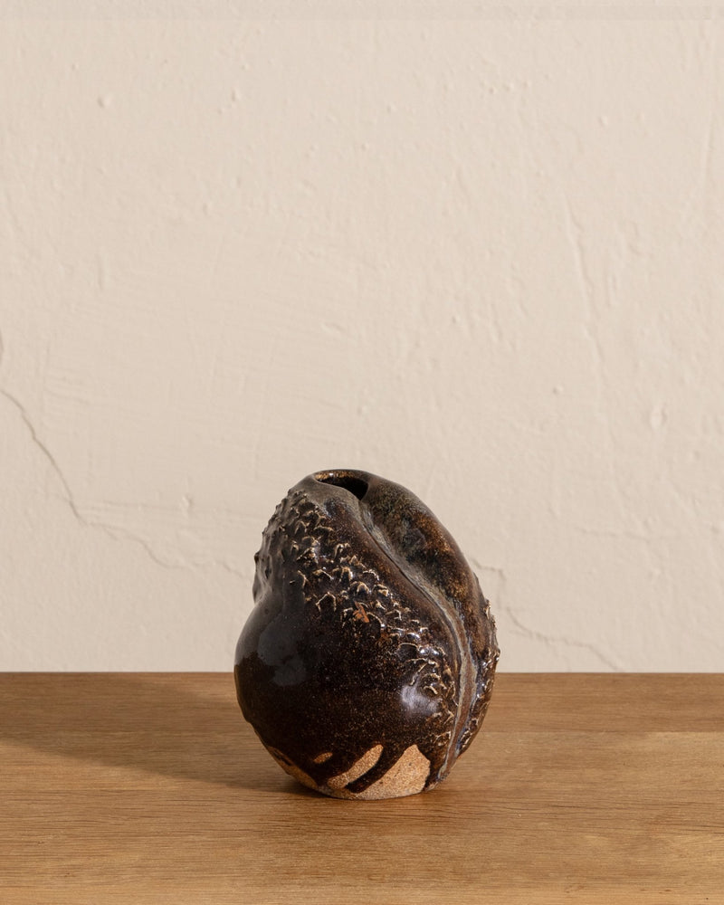 Brown Textured Studio Pottery Vase, Signed - Lone Fox